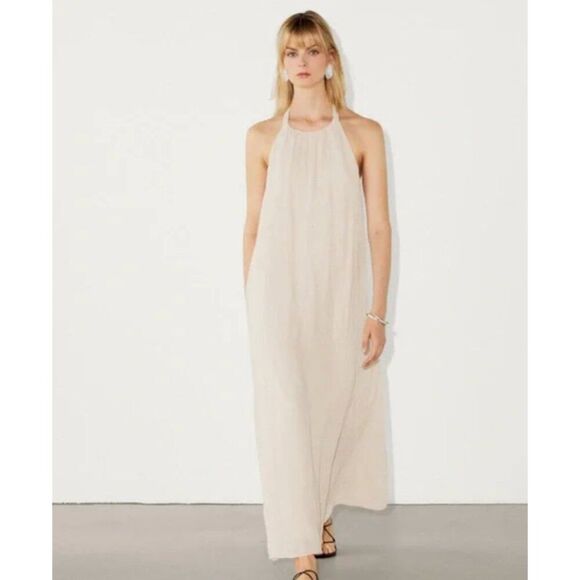 Massimo Dutti Womens Linen Halter Dress Maxi Small S Cream Halter Open Back NWOT - Picture 1 of 12